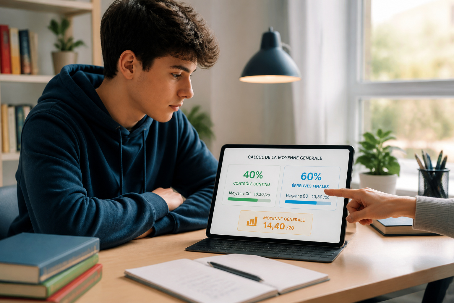 Etudiant analysant ses notes sur tablette