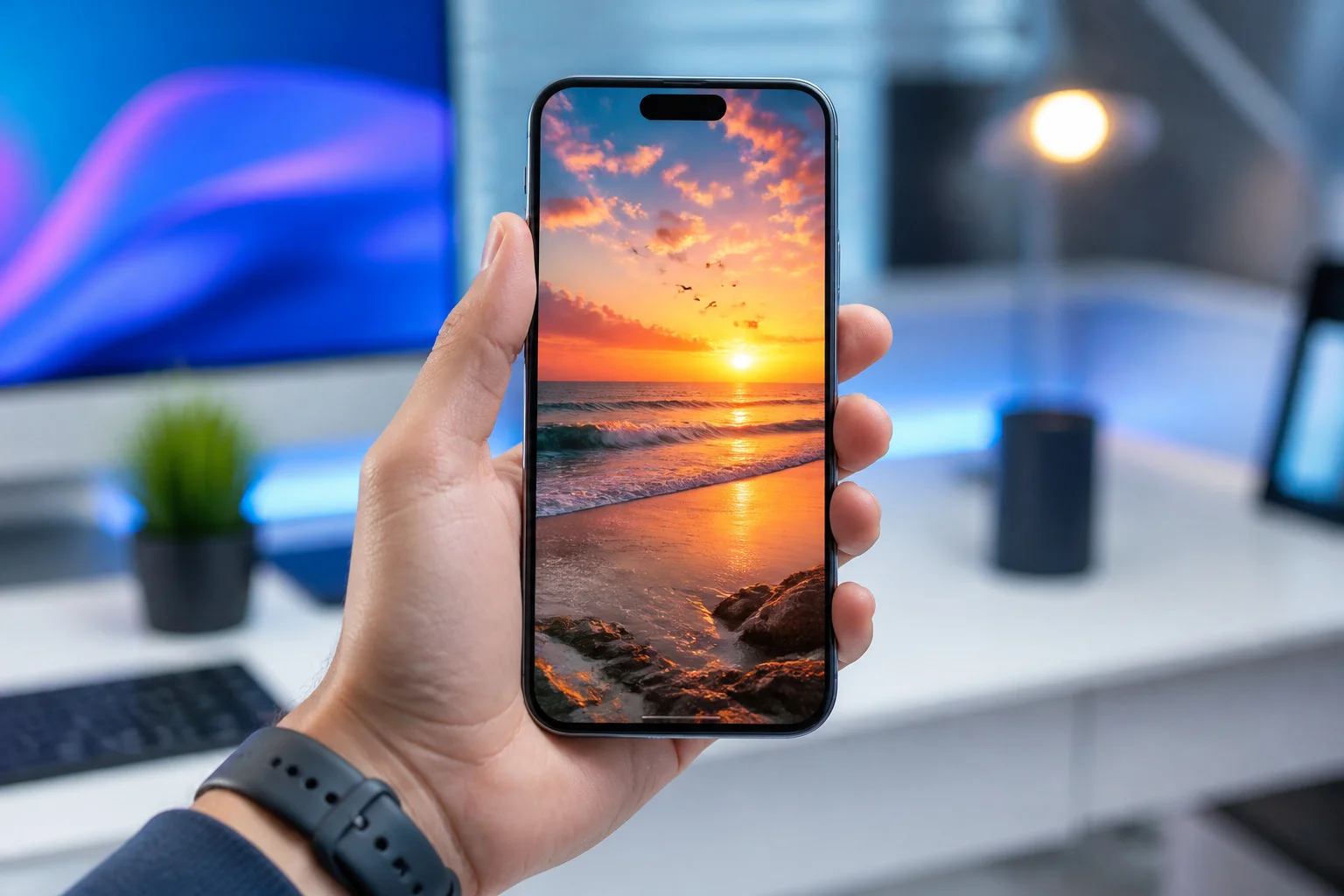 Smartphone affichant une story instagram de coucher de soleil