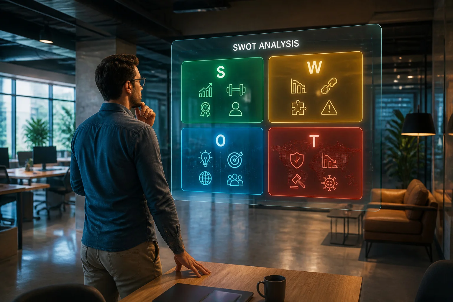 Analyse swot holographique dans un bureau moderne